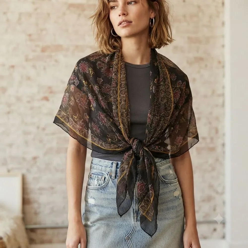 Sheer Scarf Black Floral Print Lightweight Long Rectangular Wrap Fairygrunge Y2K